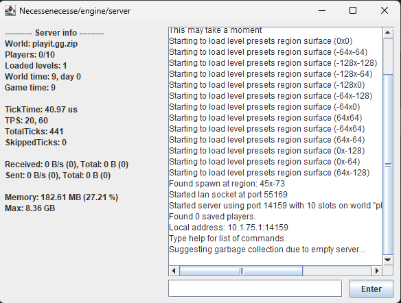 Necesse server console, 2